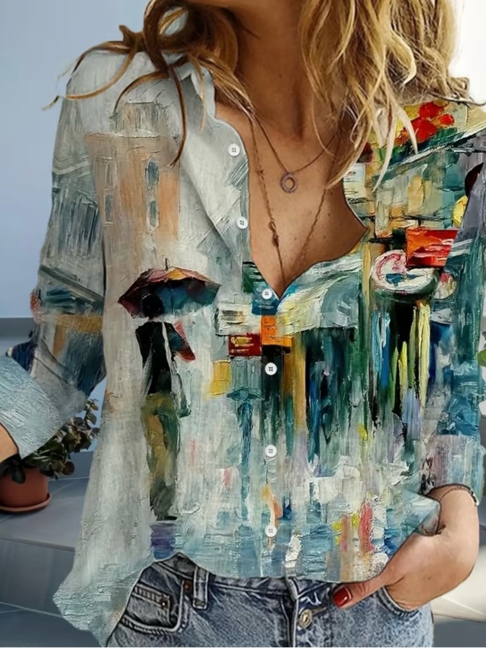 NWT Abstract Painted Print Women's Button-Up Top - Multicolor